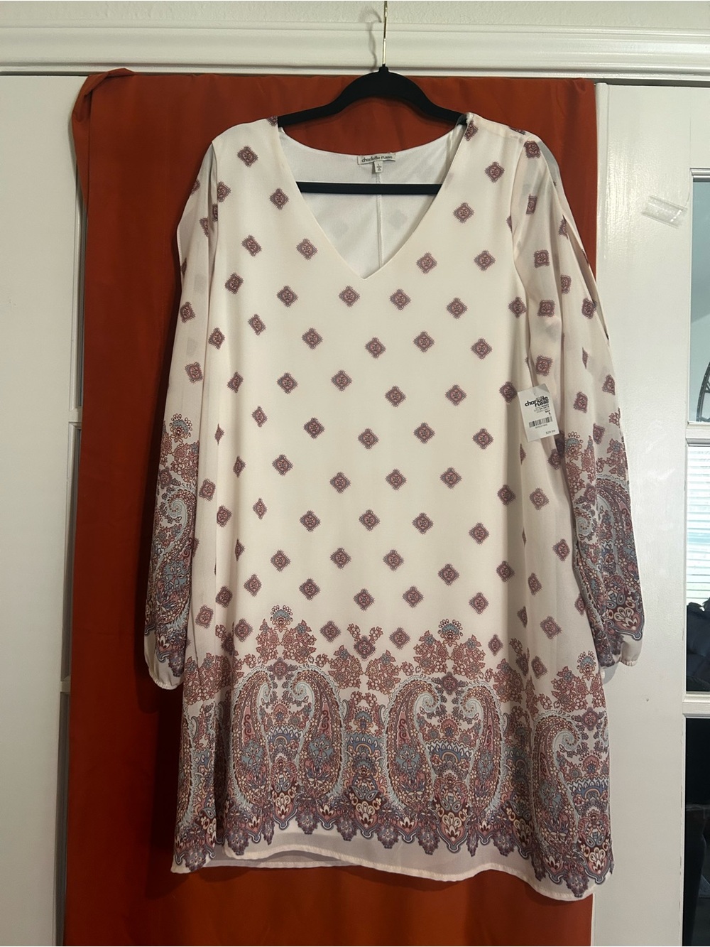 Charlotte Russe Cream Paisley Border V-Neck Dress with Rust Accents